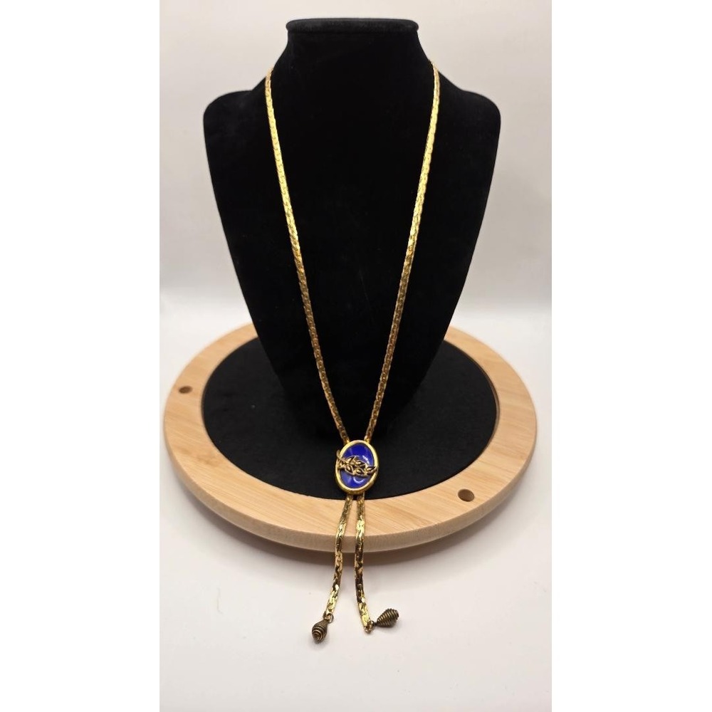 Vintage Goldette NYC Gold Tone Bolo Slide Necklace Blue Cabochon Tassel 60s